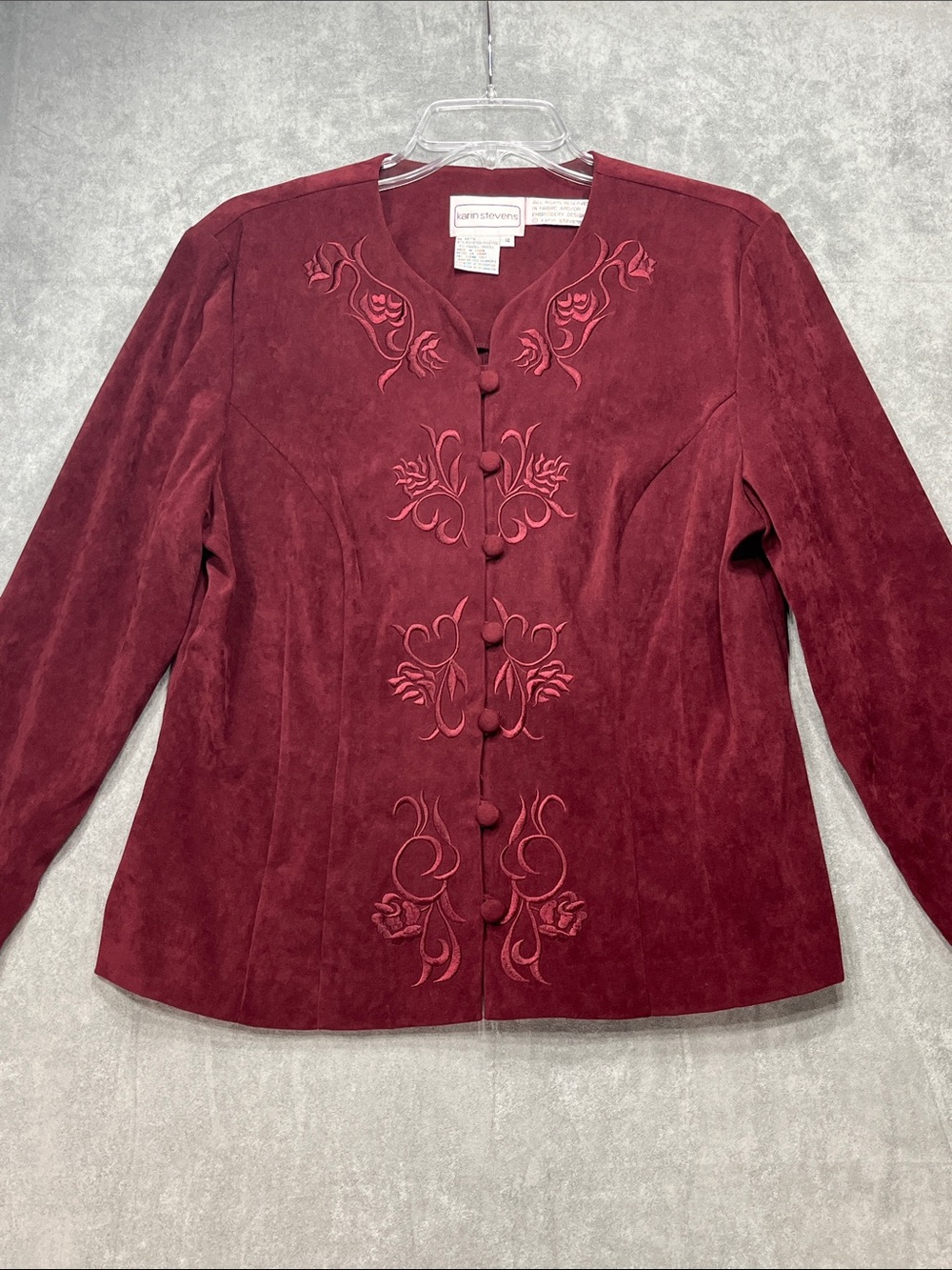 Vintage Karin Stevens Burgundy Embroidered Jacket Blazer Size 14 90s